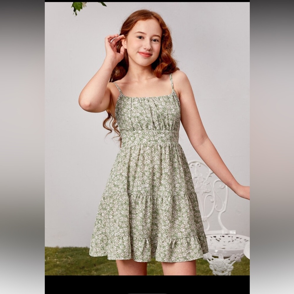 SHEIN Girls 14Y Green and White Floral Dress